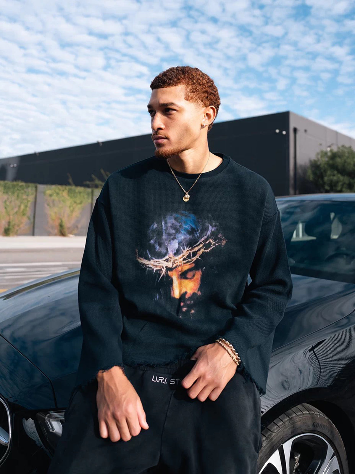 Co-ed Dorm Baggy Distressed Graphic Sweatshirt - Black