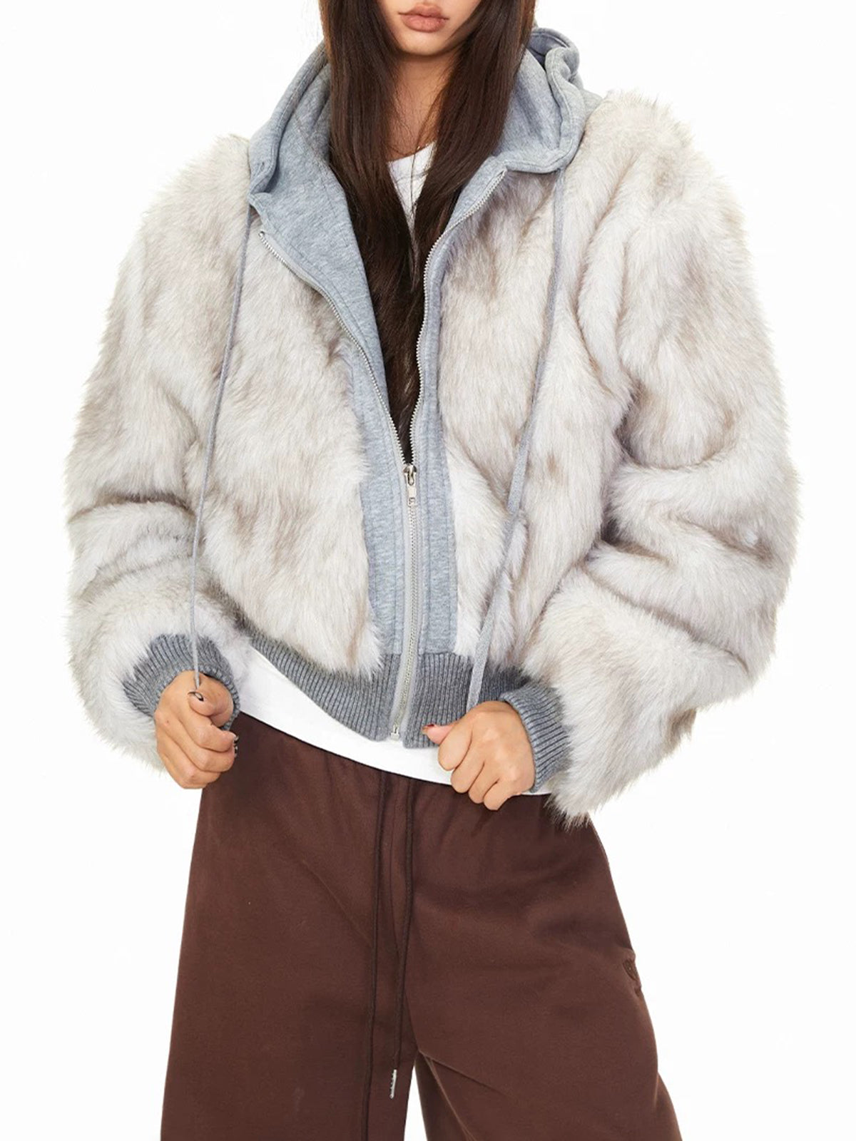 Co-ed Dorm Baggy Plush Hooded Bomber Jacket - Grey