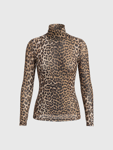 Co-ed Dorm Skimming Leopard Turtleneck Top - Brown