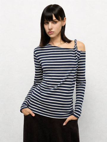 Tilted Shoulder Stripe Sleeve Top - Black White