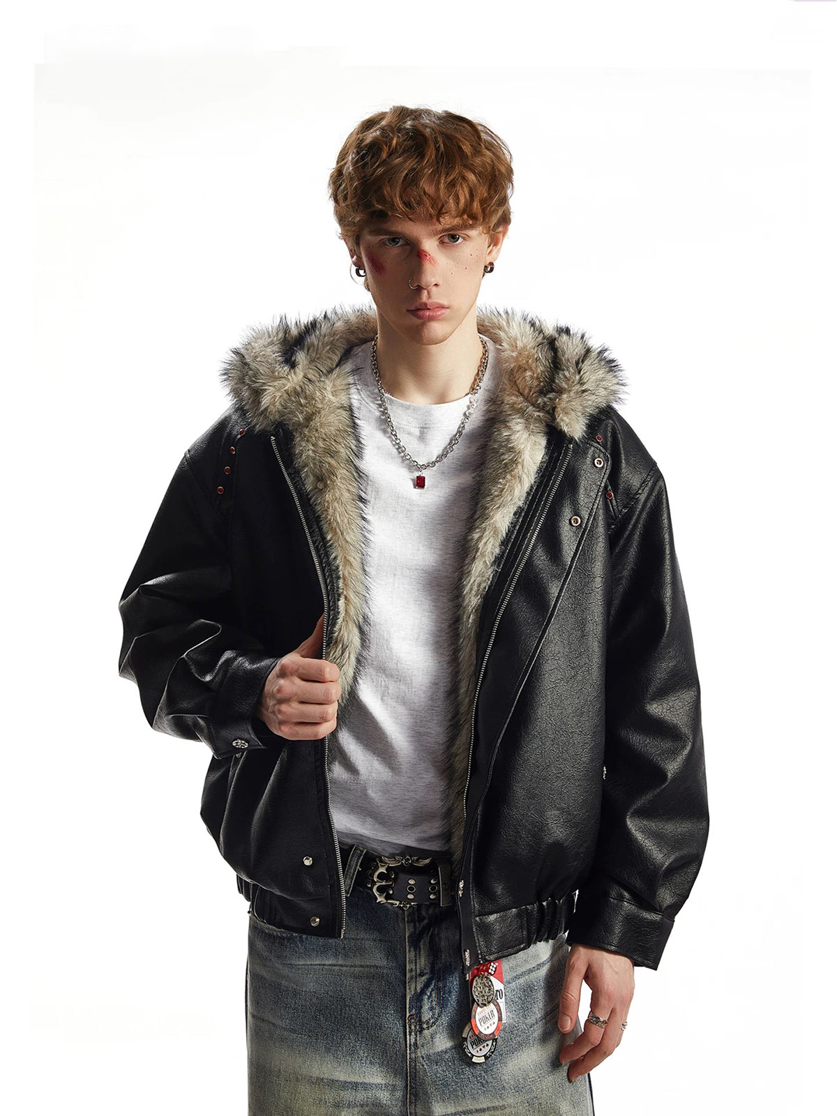 Co-ed Dorm Baggy Faux-Fur Hooded Leather Jacket - Black