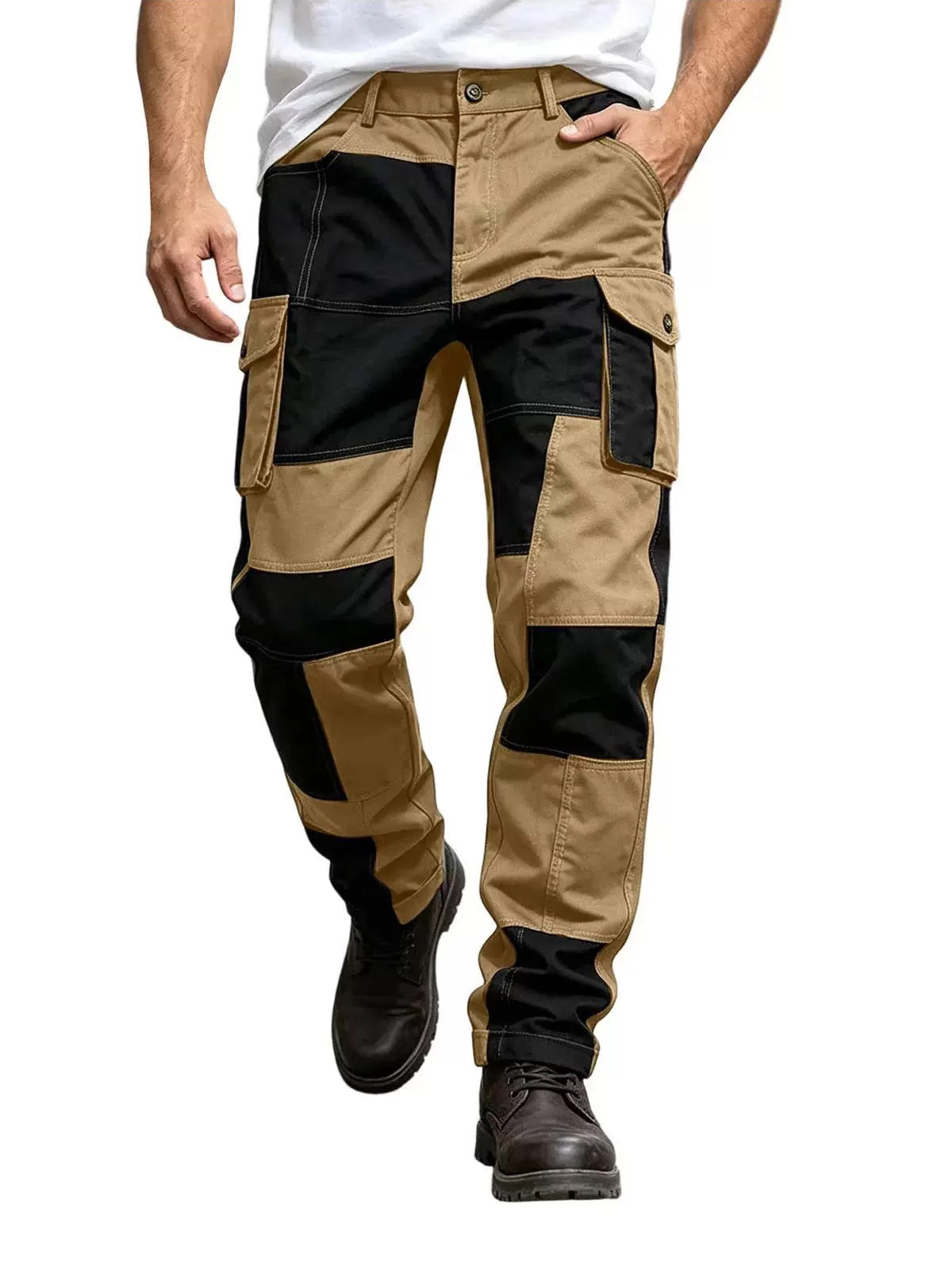Co-ed Dorm Straight-leg Colorblock Patchwork Cargo Pants - Brown