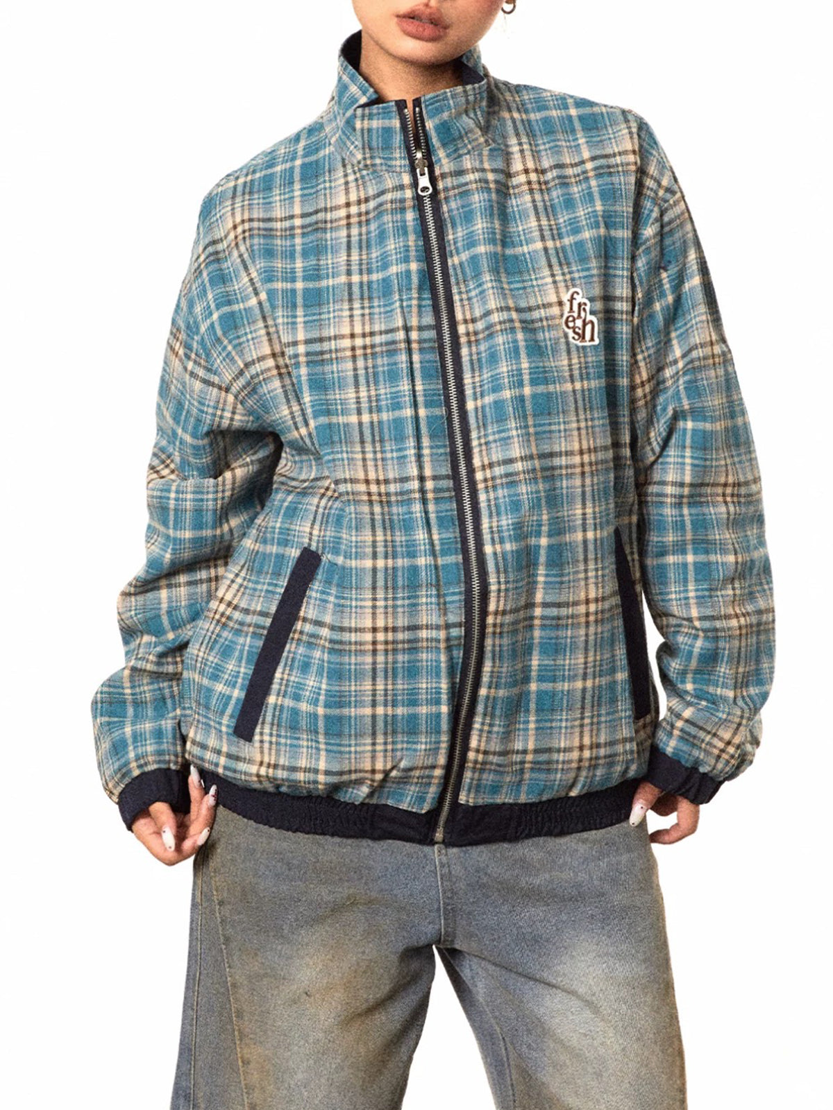 Co-ed Dorm Baggy Plaid Zip-up Jacket - Blue