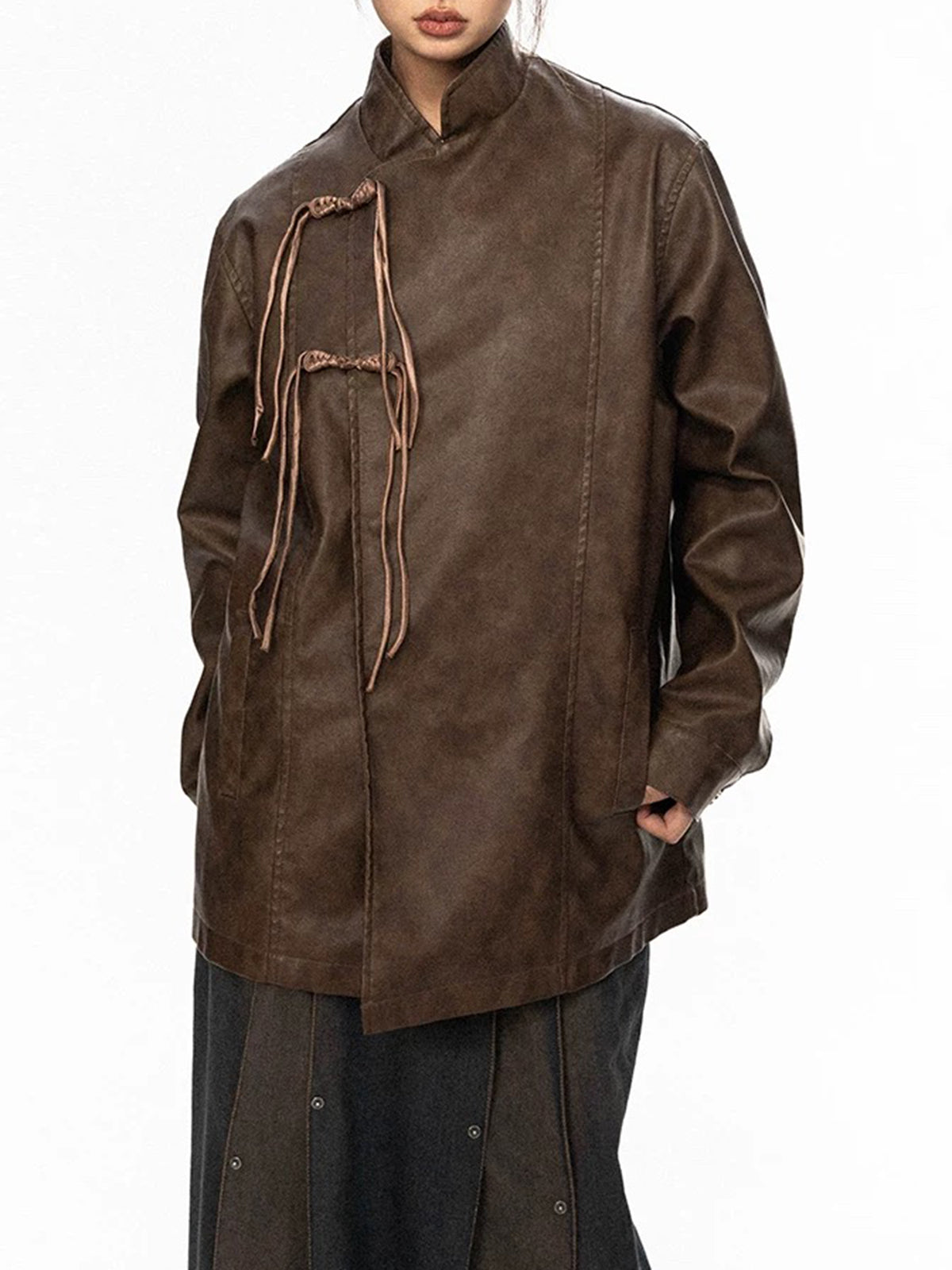 Co-ed Dorm Baggy Distressed Faux Leather Jacket - Brown