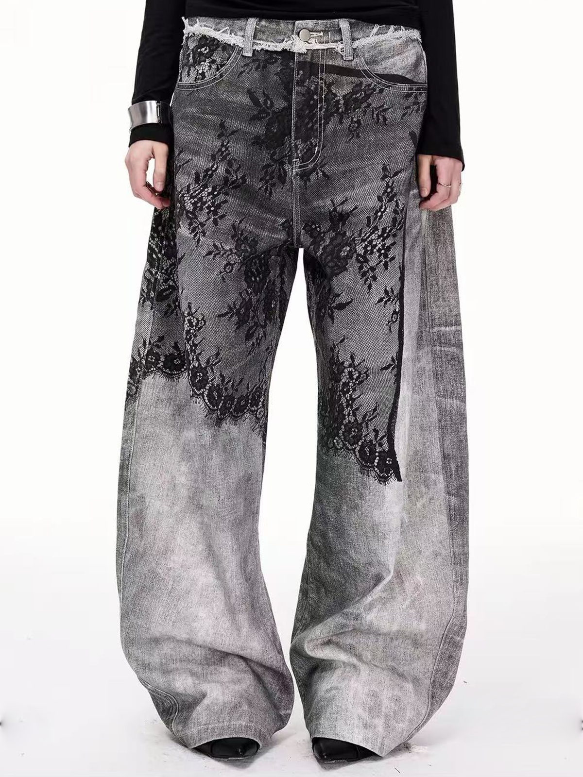 Brick Lane Wide-leg Graphic Print Washed Maxi Pants - Charcoal