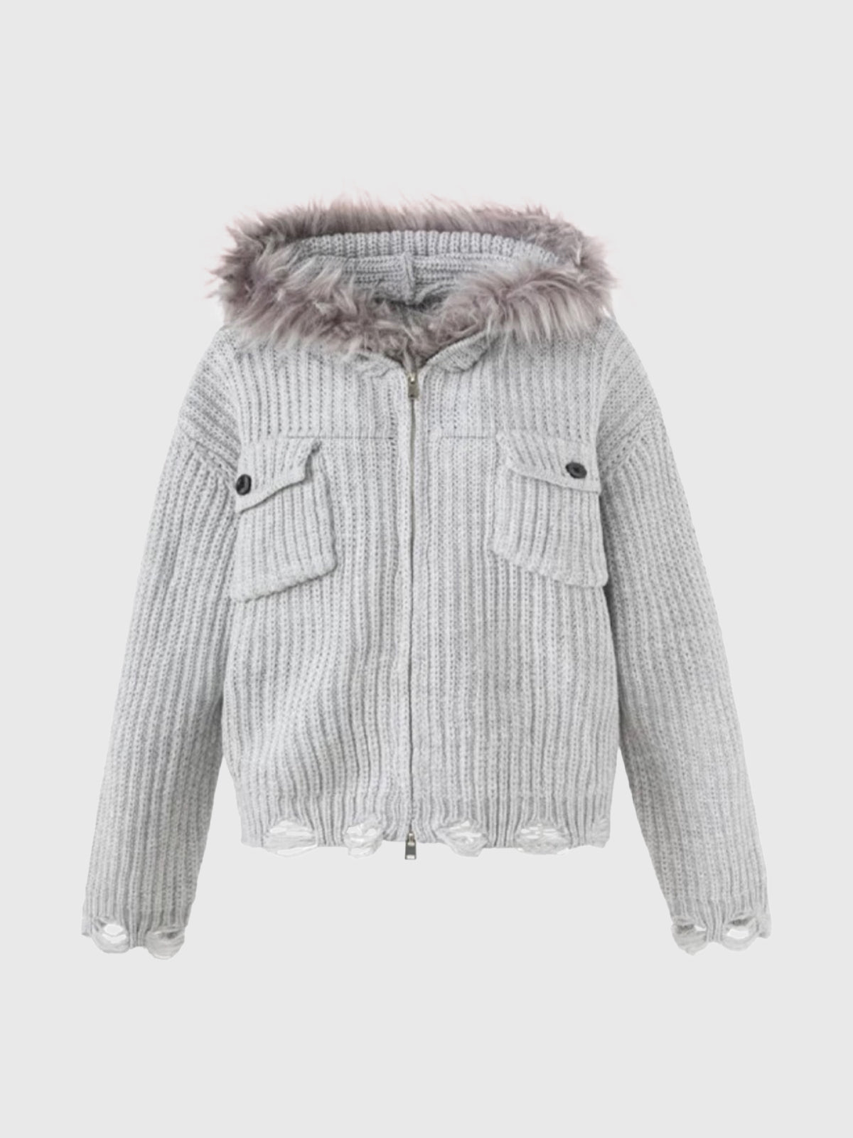 Co-ed Dorm Baggy Striped Faux-Fur Knit Hoodie - Grey