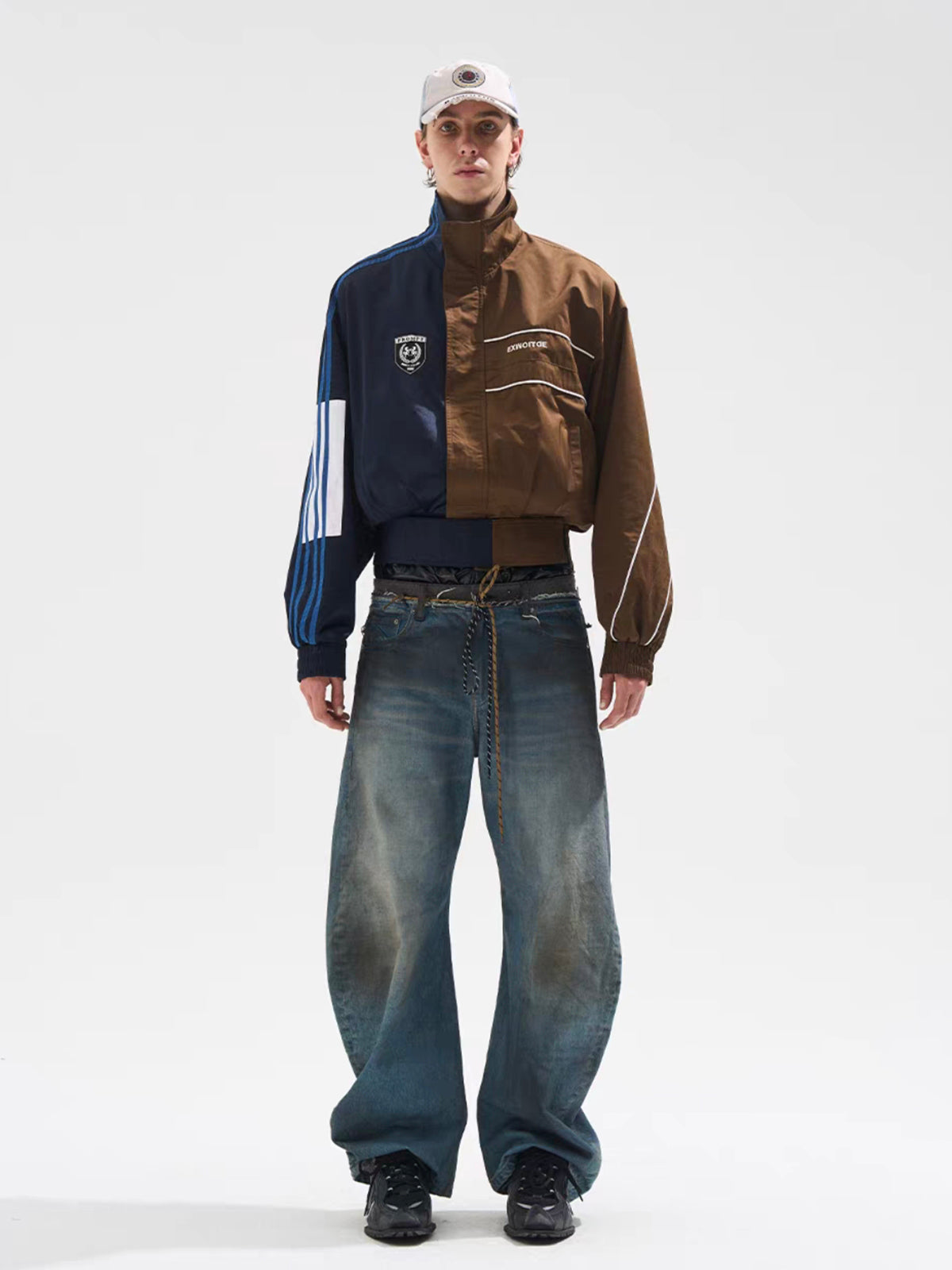 American Club Baggy Colorblock Suede Bomber Jacket - Brown
