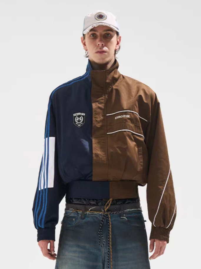 American Club Baggy Colorblock Suede Bomber Jacket - Brown