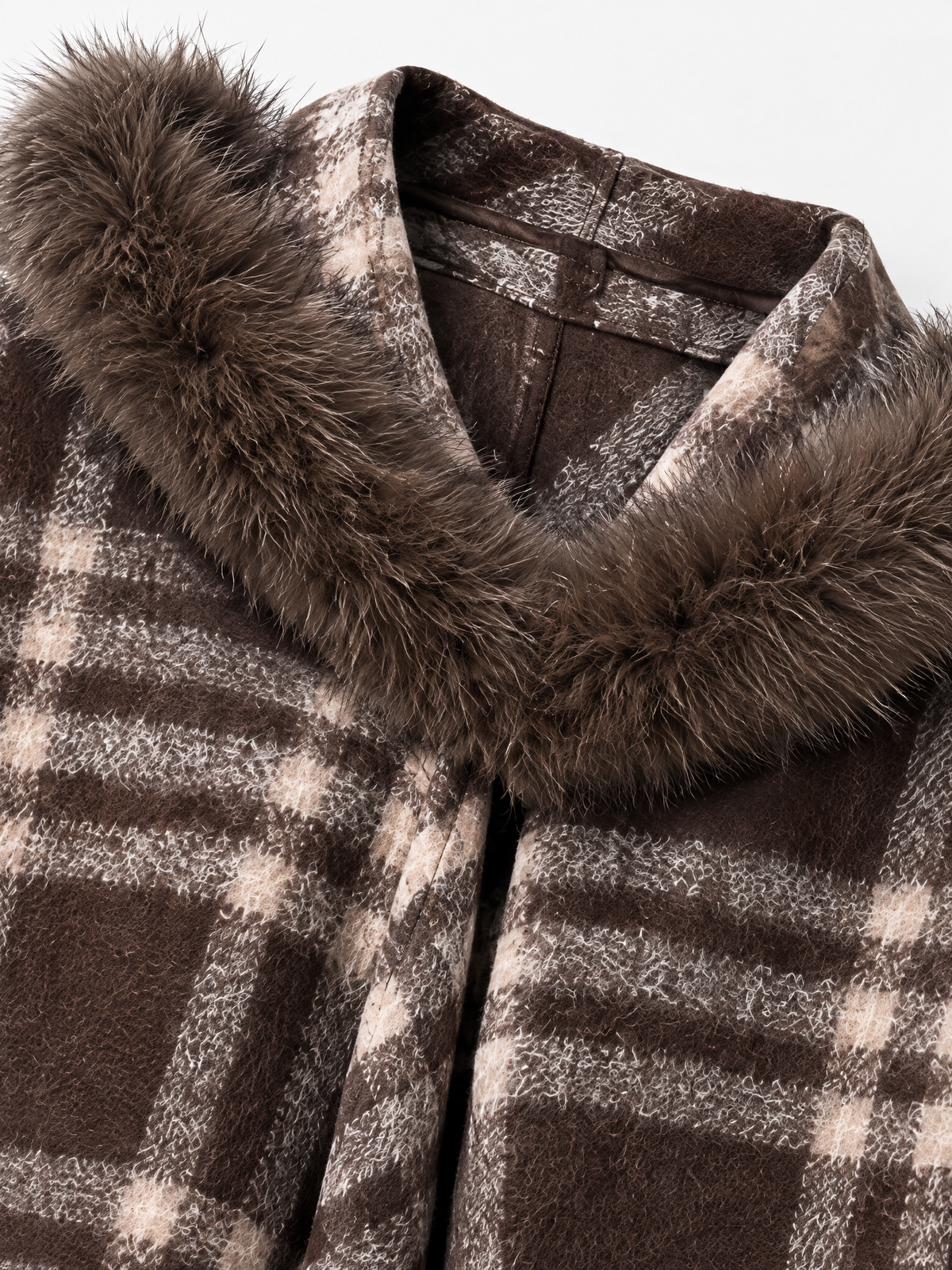 Brick Lane Plaid Pattern Fringed Knit Poncho Shawl - Brown/Black