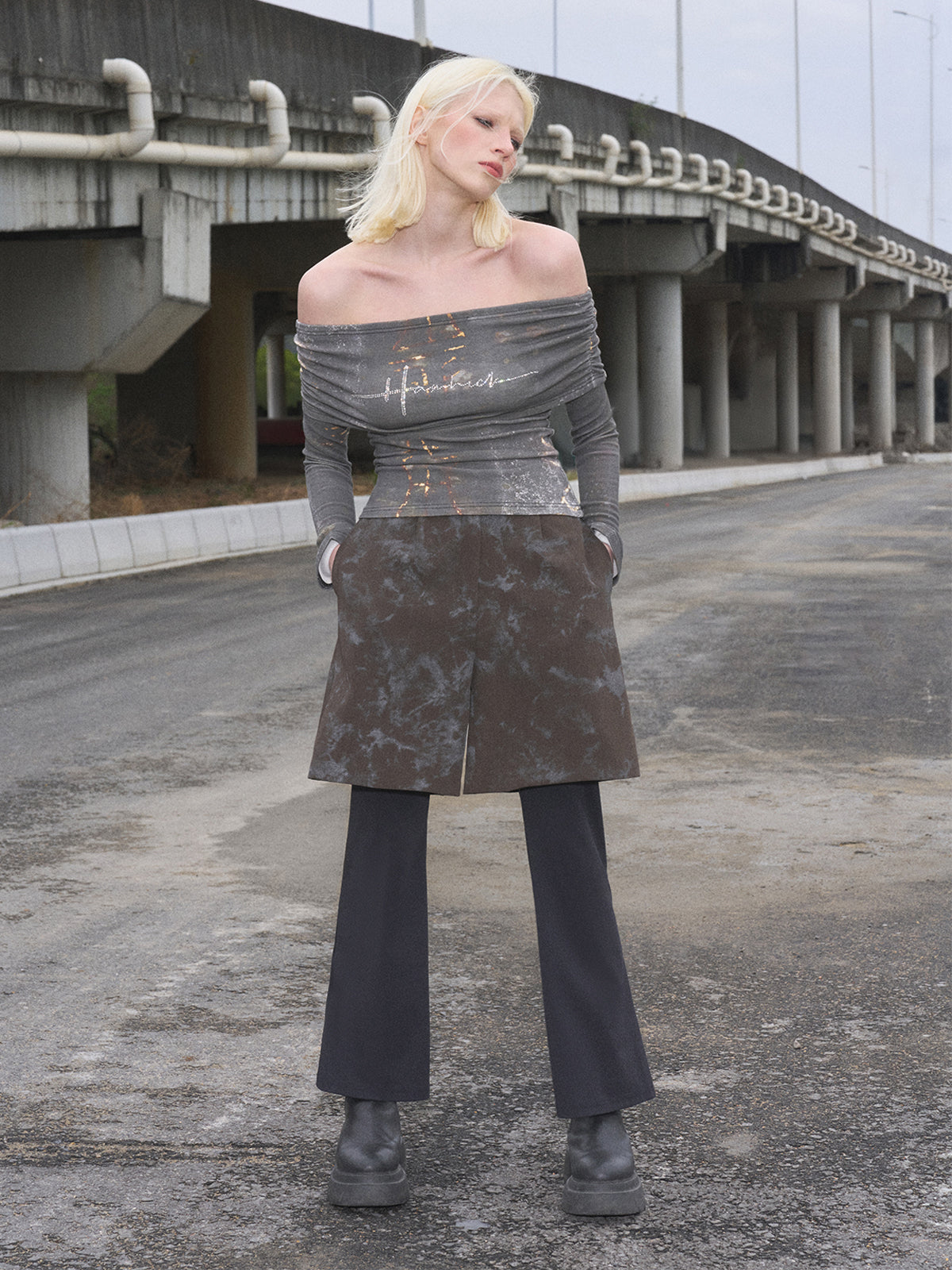 Off-Shoulder Glimmer Sleeve Tee  - Forest Noir