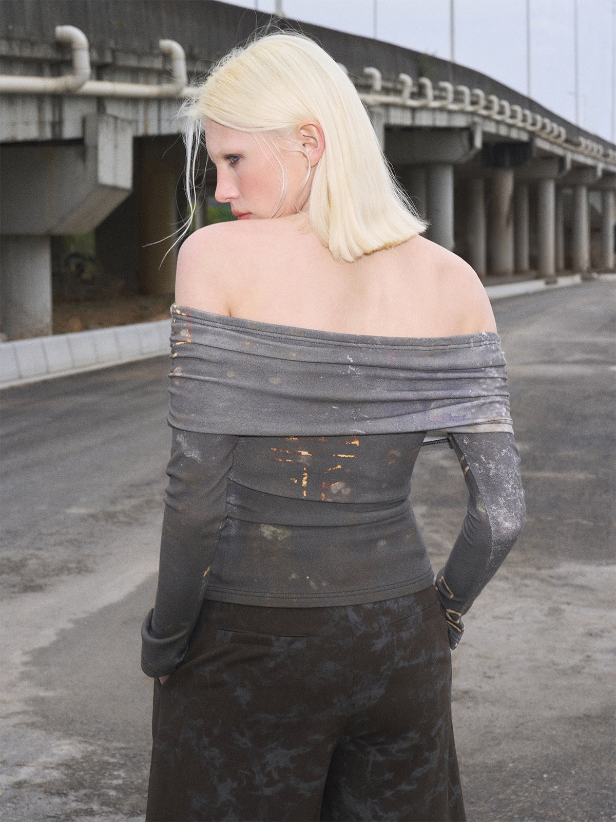 Off-Shoulder Glimmer Sleeve Tee  - Forest Noir