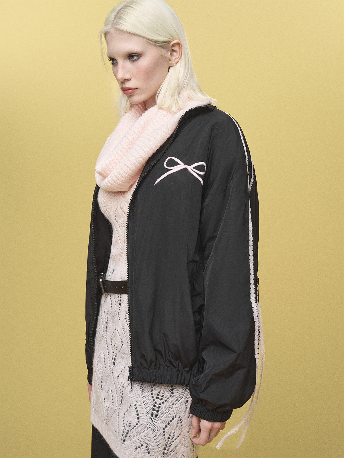 Lace-Fringed Zip Jacket - Noir Bow