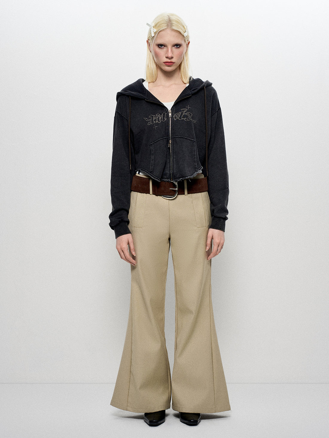 Cropped Studded Zip Hoodie – Washed Black