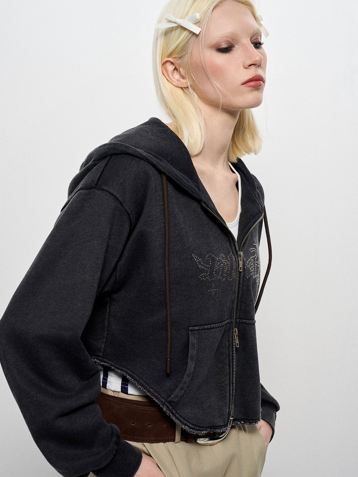 Cropped Studded Zip Hoodie – Washed Black