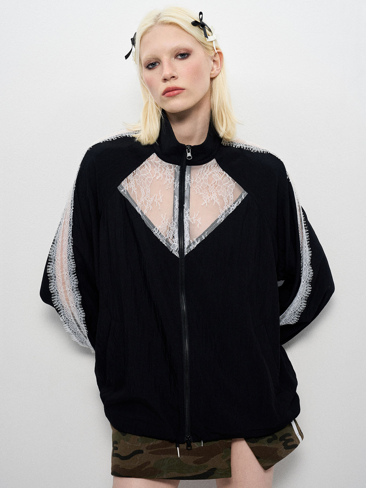 Lace-Block Zip Jacket - Noir Contrast