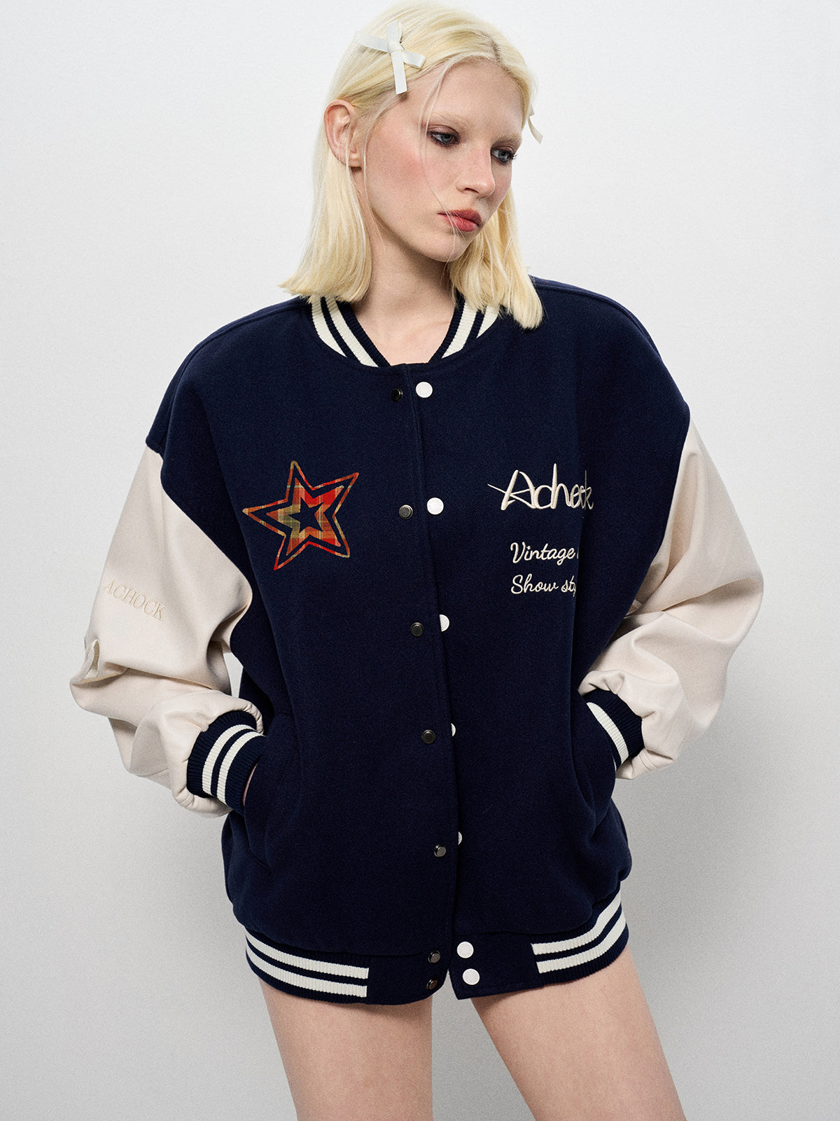 Iconic Contrast Varsity Jacket - Navy White