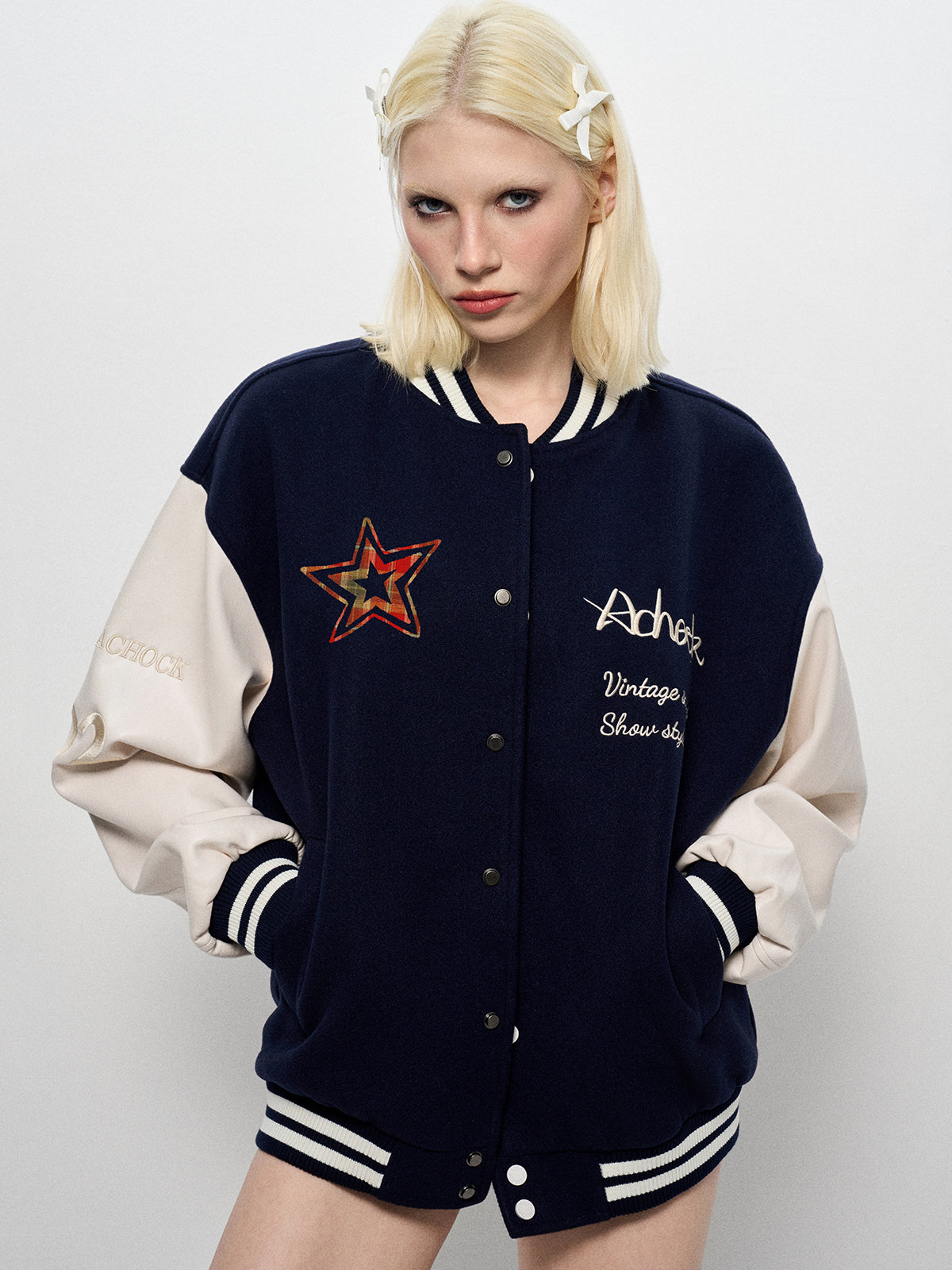 Iconic Contrast Varsity Jacket - Navy White