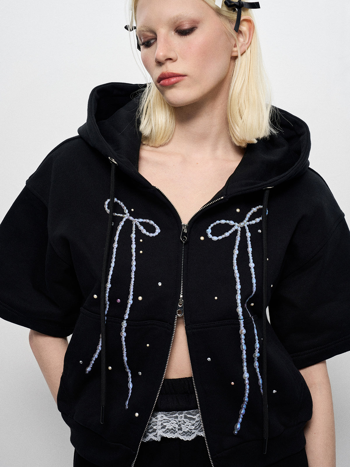 Pearl Rebel Set Zipper Hoodie- Noir Whisper
