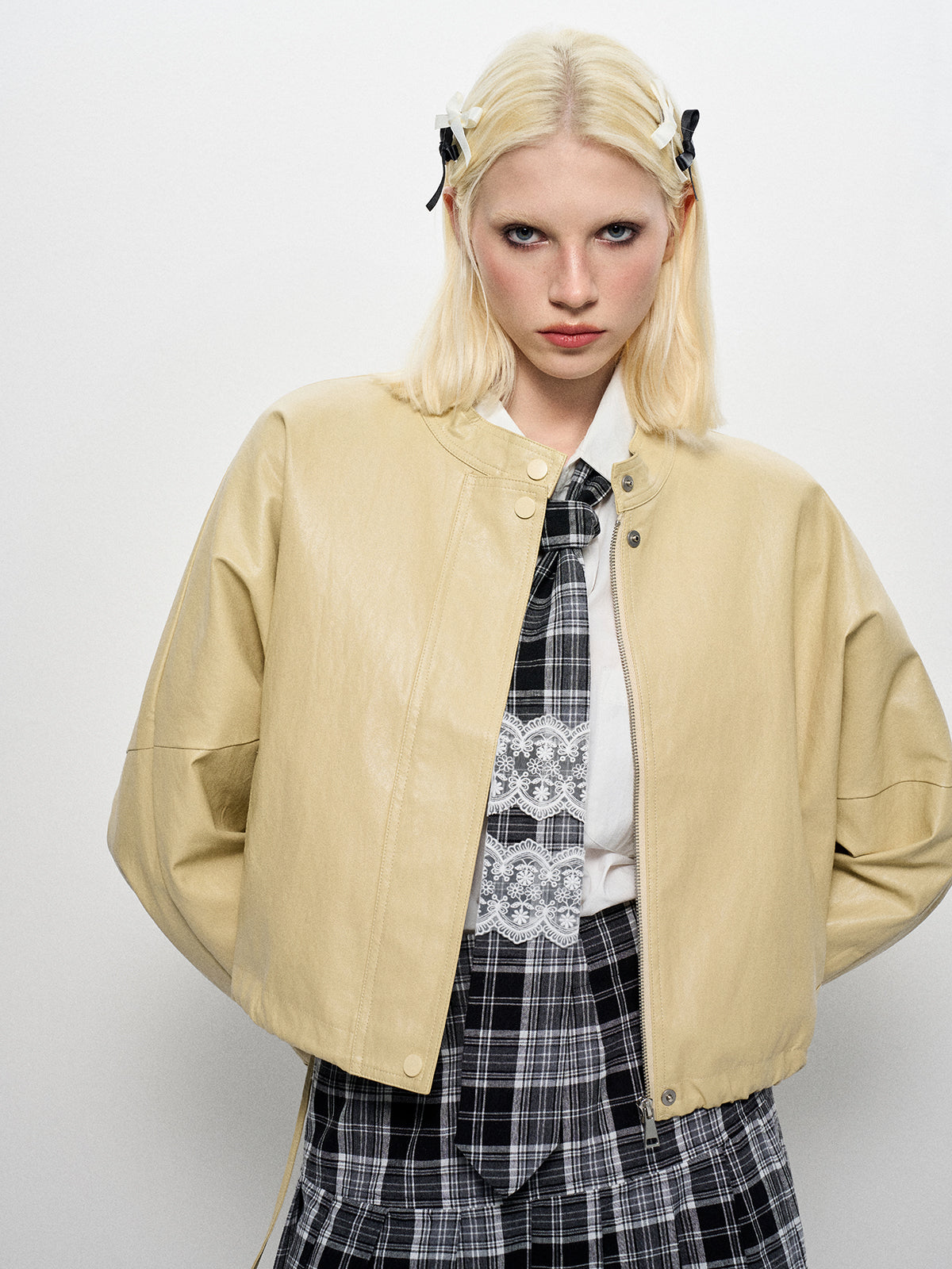 Pucker Ruchéd Leather Jacket - Dune khaki
