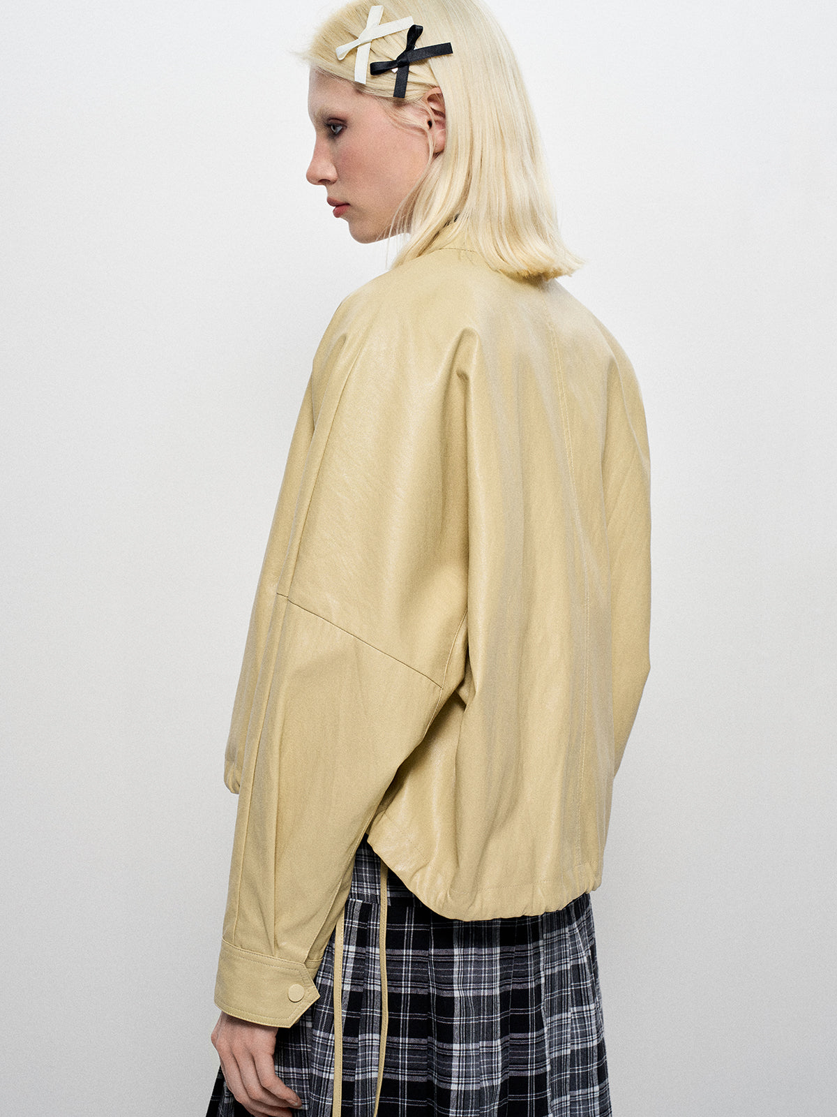 Pucker Ruchéd Leather Jacket - Dune khaki