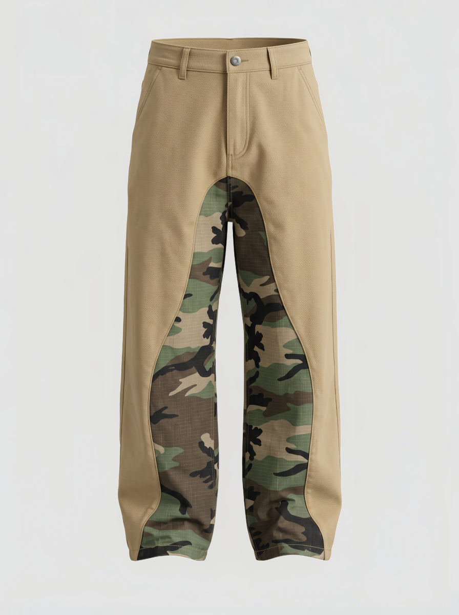 Brick Lane Wide-leg Camouflage Contrast Color Pants - Khaki/Camo