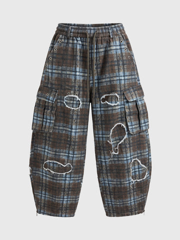 Co-ed Dorm Baggy Distressed Plaid Cargo Pants - Brown