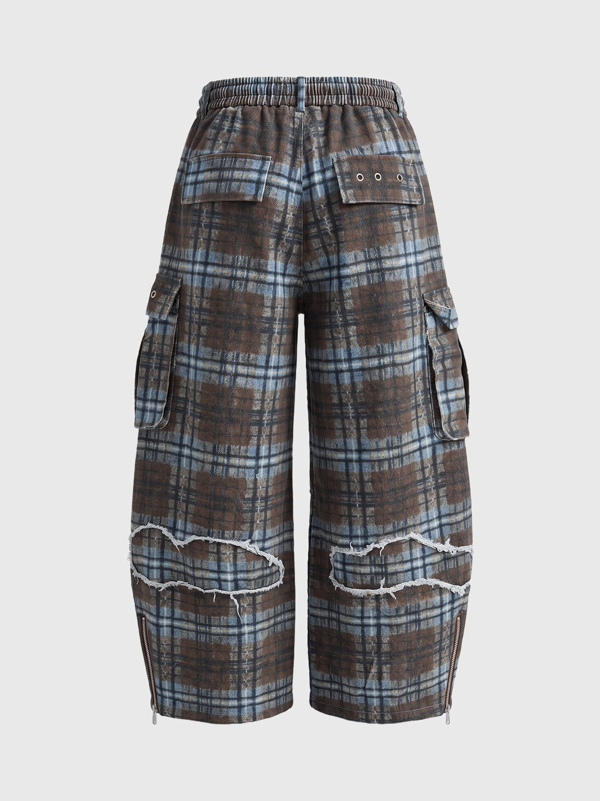 Co-ed Dorm Baggy Distressed Plaid Cargo Pants - Brown