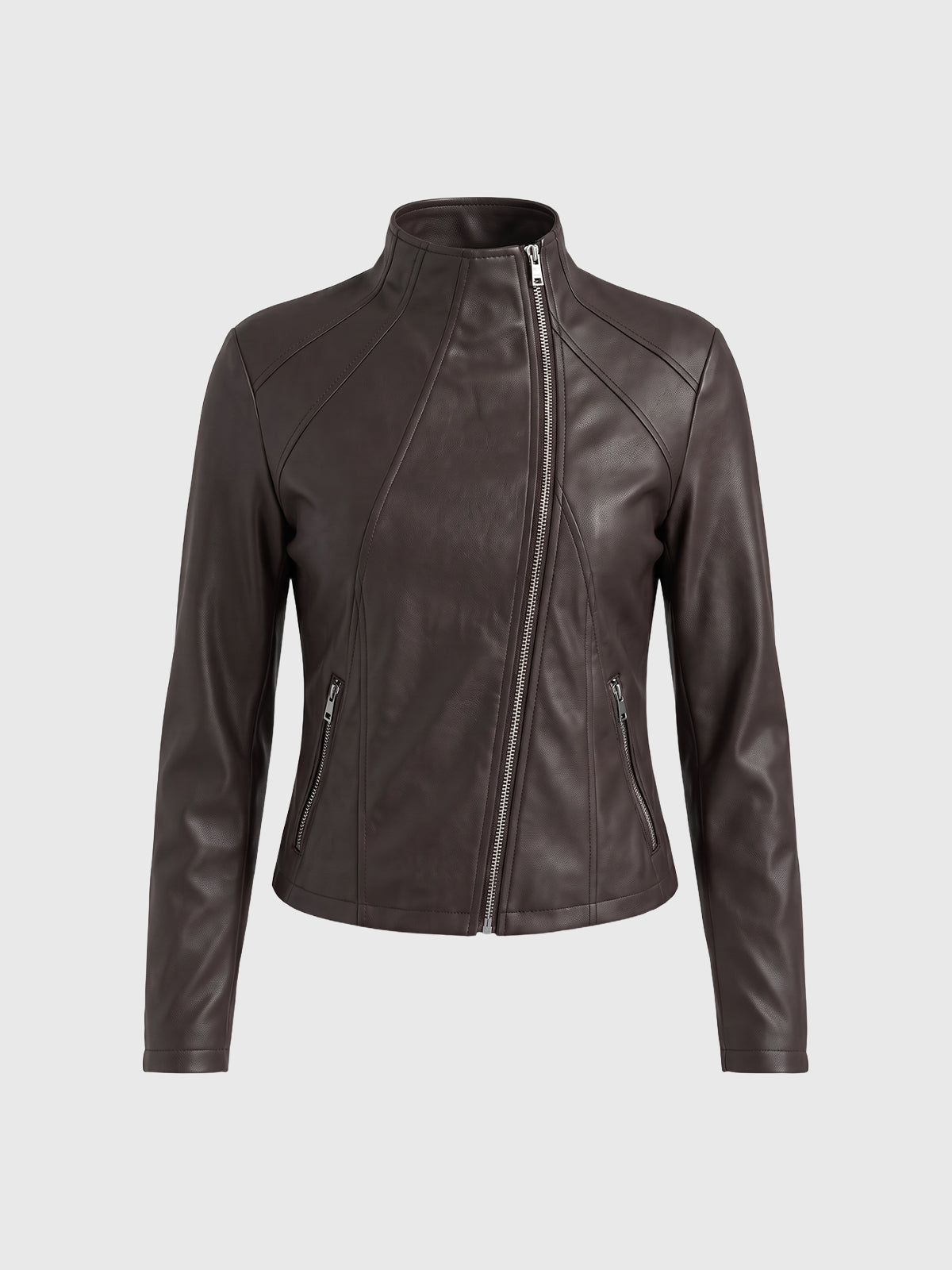 Co-ed Dorm Skimming Asymmetric-Zip Faux-Leather Jacket - Brown
