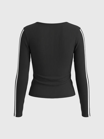 Co-ed Dorm Skimming Striped Long Sleeve Top - Black