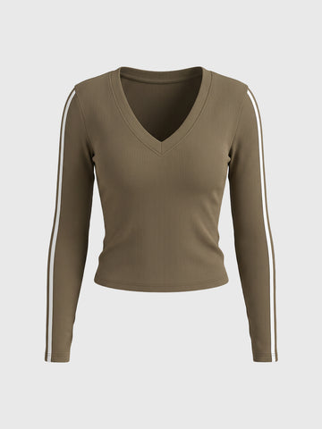 Co-ed Dorm Skimming Graphic V-Neck Long Sleeve Top - Brown