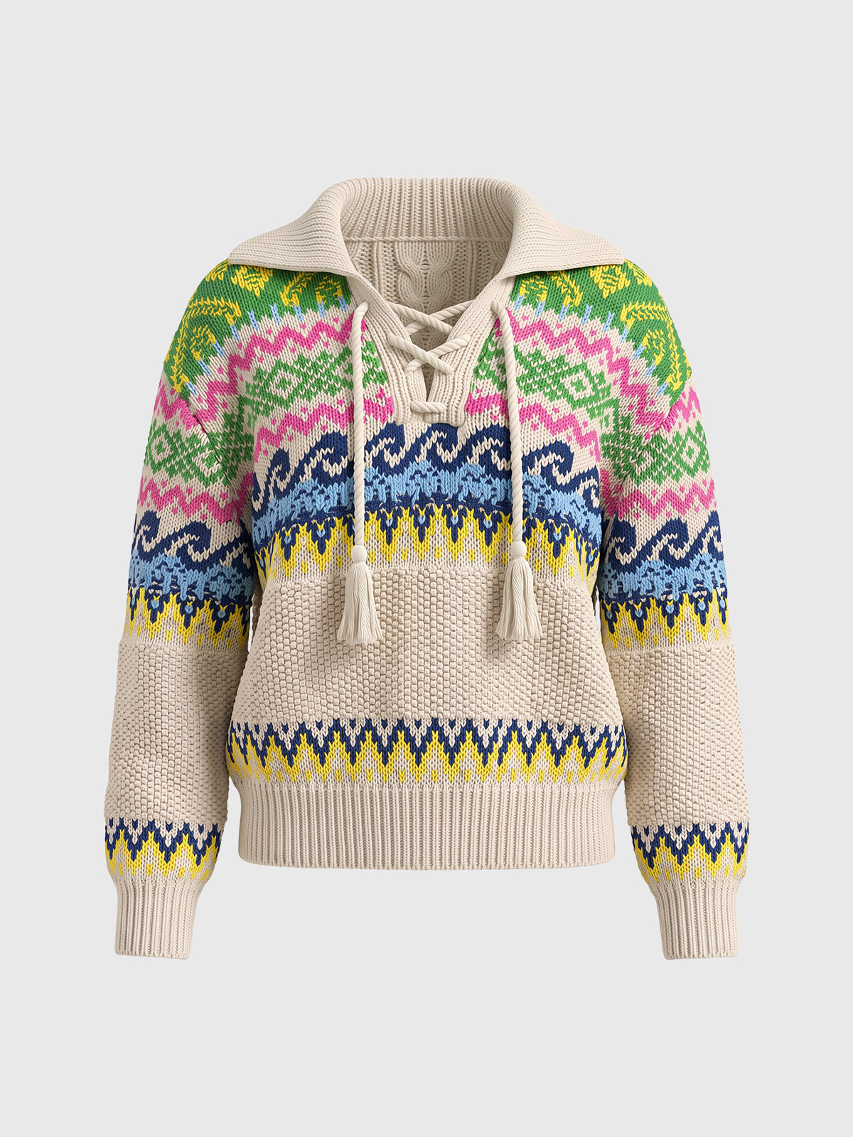 Co-ed Dorm Baggy Colorblock Knit Sweater - Beige