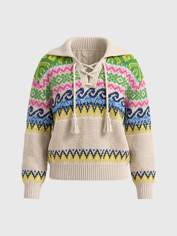 Co-ed Dorm Baggy Colorblock Knit Sweater - Beige