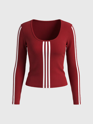 Co-ed Dorm Skimming Striped Long Sleeve Top - Red