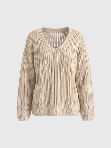 Co-ed Dorm Baggy Chunky V-Neck Knit Sweater - Beige