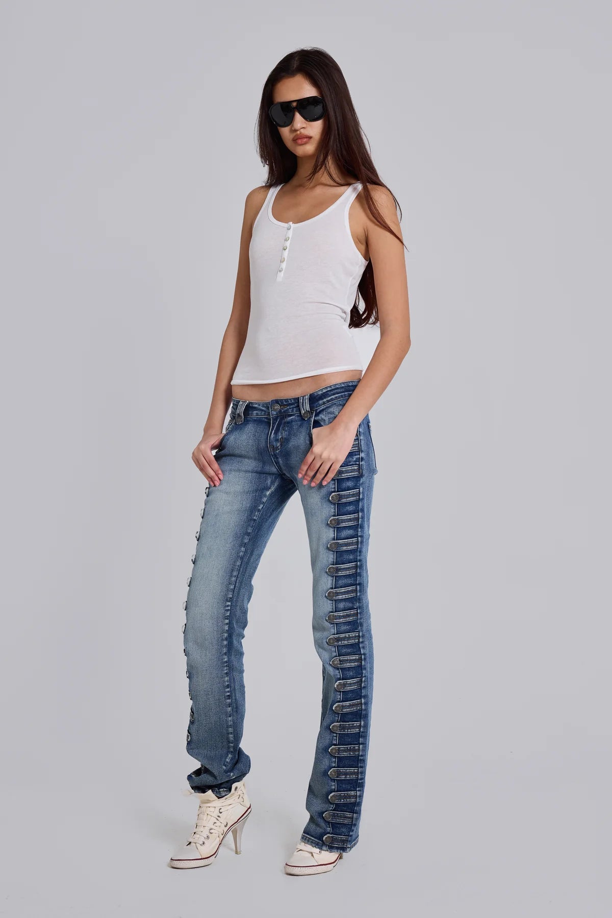 Co-ed Dorm Skimming Low-Rise Bootcut Denim Maxi Pants - Blue