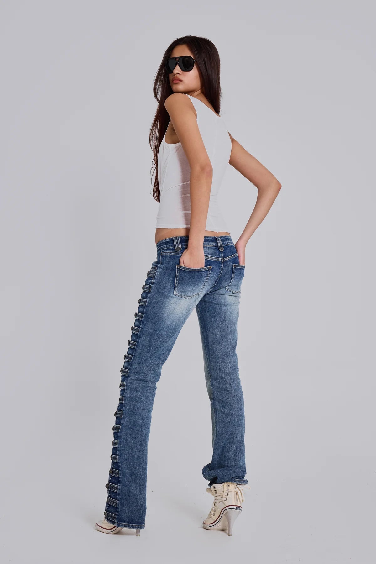 Co-ed Dorm Skimming Low-Rise Bootcut Denim Maxi Pants - Blue