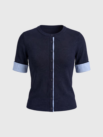 Co-ed Dorm Skimming Contrast-Trim Zip-up Top - Black