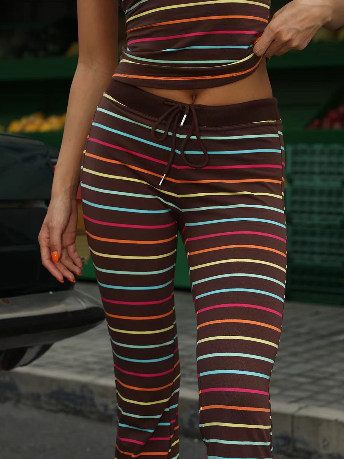 Brick Lane Skimming Retro Printed Top and Flared Pants Two-Piece Set - Brown