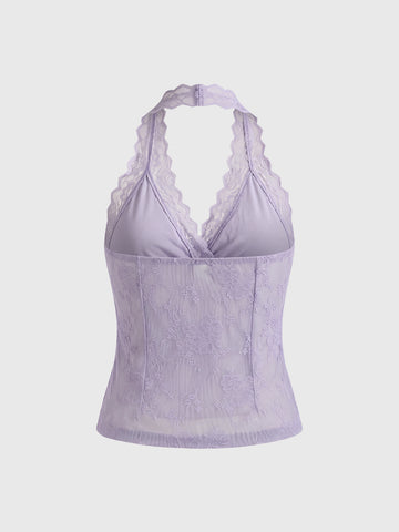 Co-ed Dorm Skimming Lace Trim Halter Top - Grey