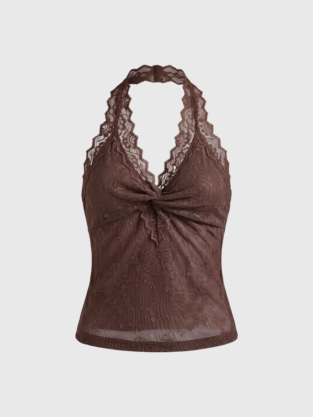 Co-ed Dorm Skimming Lace Trim Halter Top - Brown