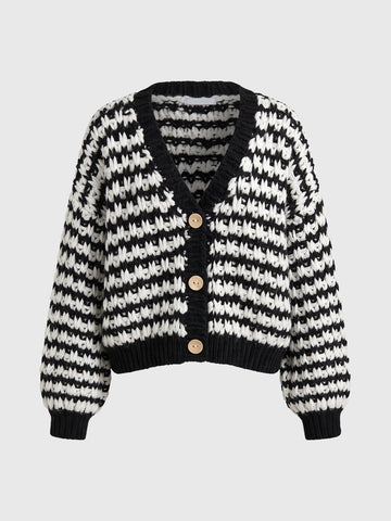 Co-ed Dorm Baggy Striped V-Neck Knit Cardigan - Black