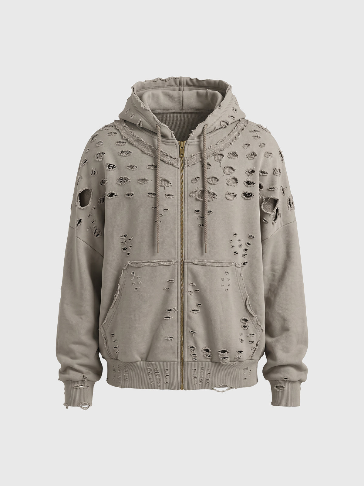 Co-ed Dorm Baggy Heavily Distressed Zip-up Hoodie - Grey