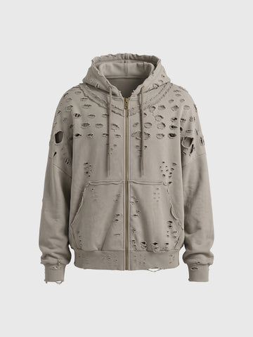 Co-ed Dorm Baggy Heavily Distressed Zip-up Hoodie - Grey