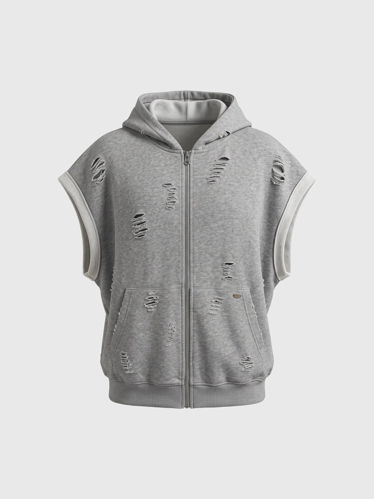 Co-ed Dorm Baggy Distressed Sleeveless Zip-up Hoodie - Grey