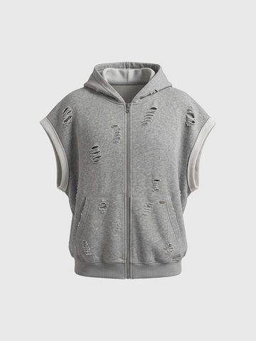 Co-ed Dorm Baggy Distressed Sleeveless Zip-up Hoodie - Grey