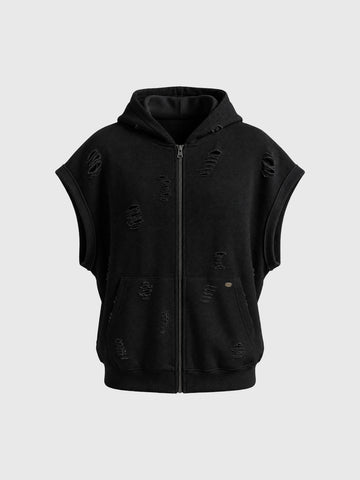Co-ed Dorm Baggy Washed Sleeveless Zip-up Hoodie - Black