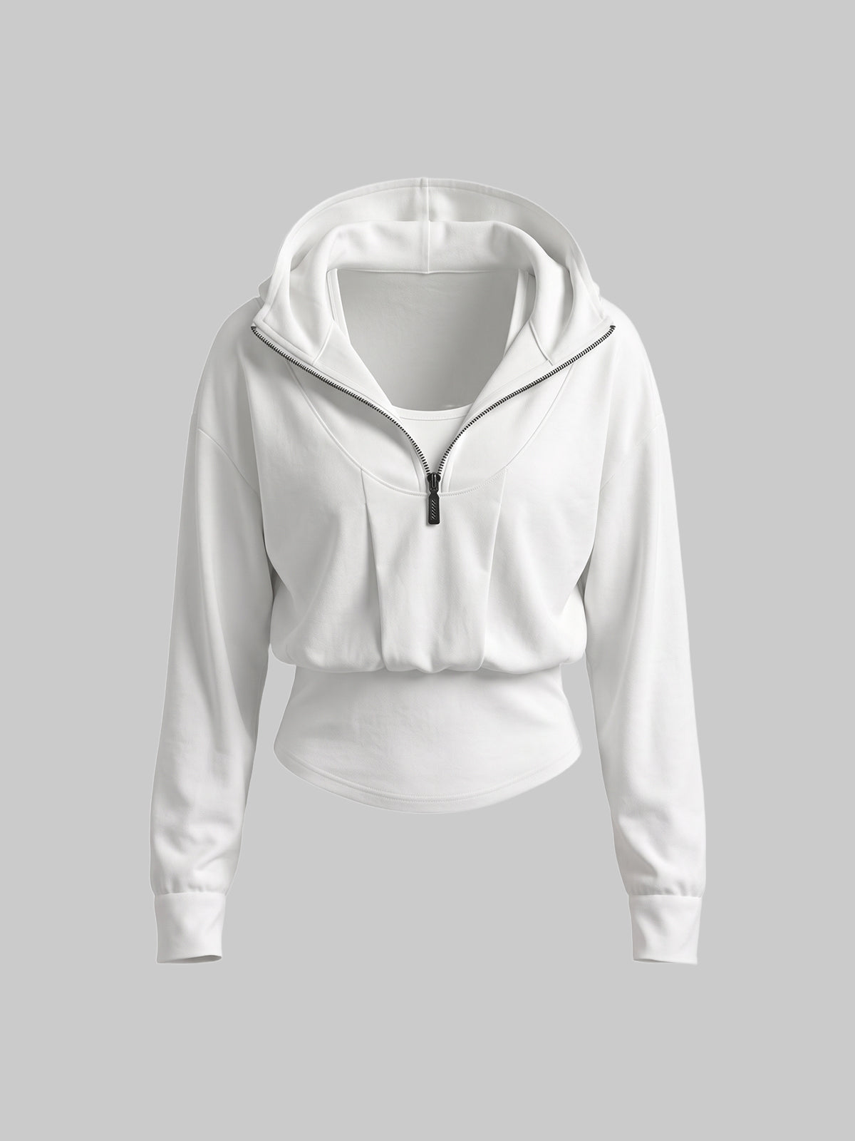 Co-ed Dorm Skimming Ruched Zip-Front Long Sleeve Top - White