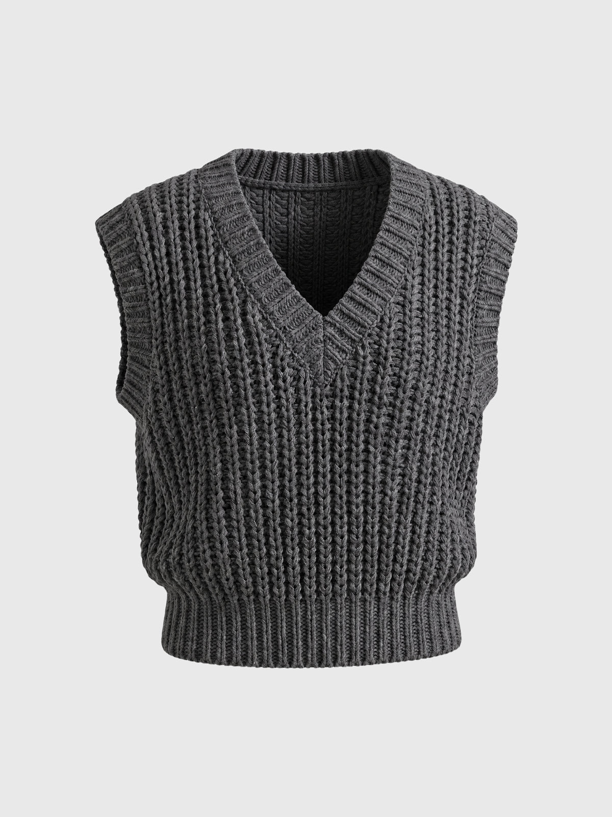 Co-ed Dorm Skimming Cable-Knit V-Neck Vest Top - Grey