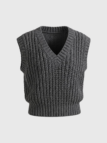 Co-ed Dorm Skimming Cable-Knit V-Neck Vest Top - Grey