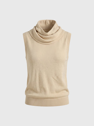 Co-ed Dorm Baggy Cowl-Neck Sleeveless Knit Top - Beige